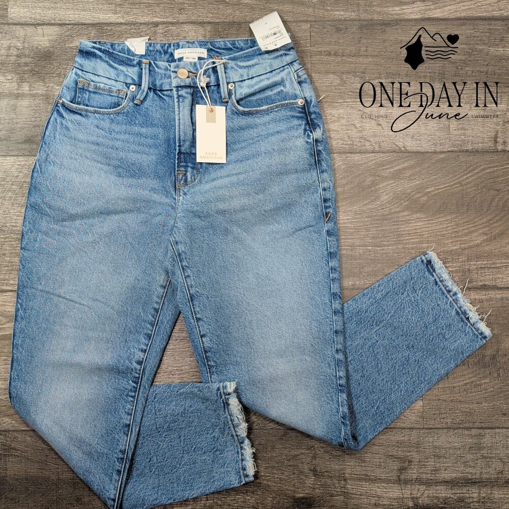 Good American Good Girlfriend Petite Jeans Indigo351 Raw Hem NWT Size 00 (24)